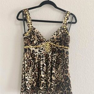 NWOT Bebe Gold Studded Silk Bustier Babydoll Tank Tunic Dress Blouse